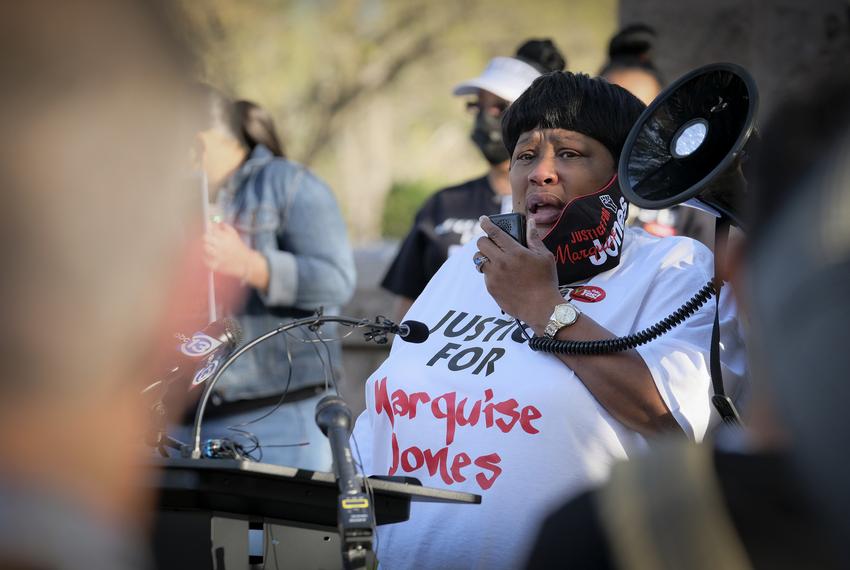 Deborah Bush, the aunt of police shooting victim Marquise Jones, spoke at a rally to support the Texas George Floyd Act outside of the Capitol in Austin on March 25, 2021.